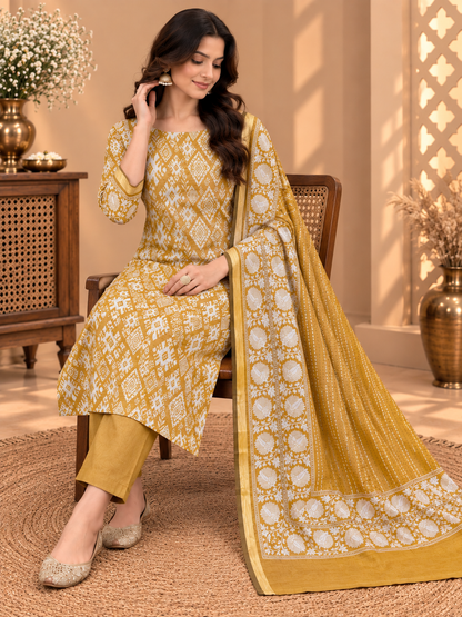 Premium Maheshwari Silk Suit in Mustard Yellow with Ikat Print & Floral Dupatta | Designer Ethnic Wear
