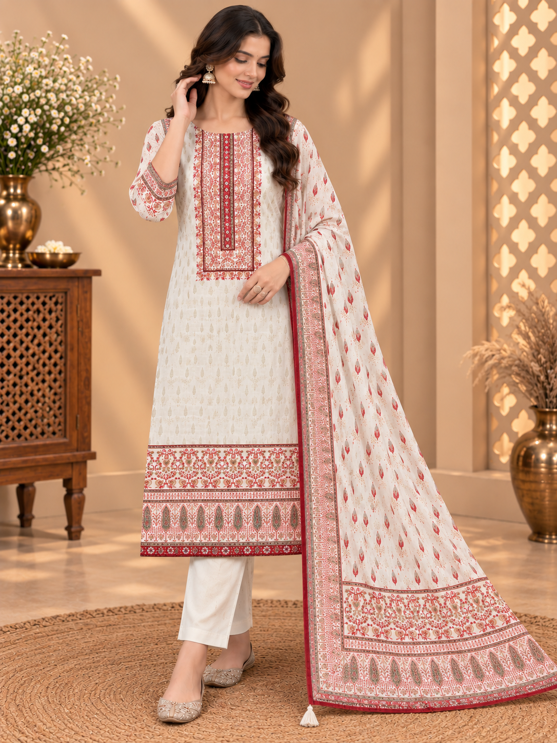 Premium Muslin Suit Set with Traditional Floral Print & Designer Dupatta | Elegant Ethnic Wear for Women