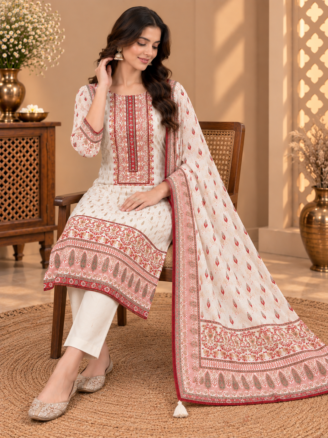 Premium Muslin Suit Set with Traditional Floral Print & Designer Dupatta | Elegant Ethnic Wear for Women