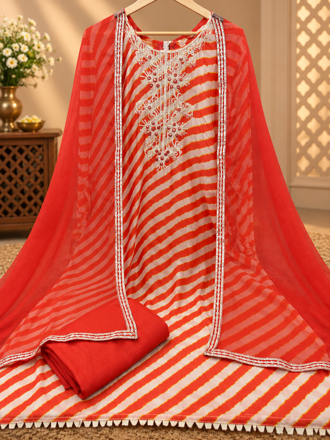 Premium Muslin Suit with Embroidered Neckline & Dupatta | Orange Printed Muslin Suit for Women