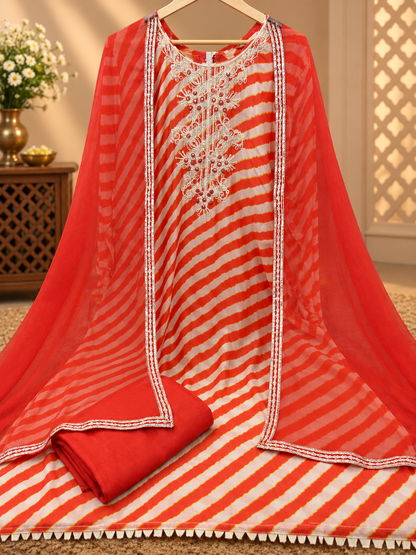 Premium Muslin Suit with Embroidered Neckline & Dupatta | Orange Printed Muslin Suit for Women