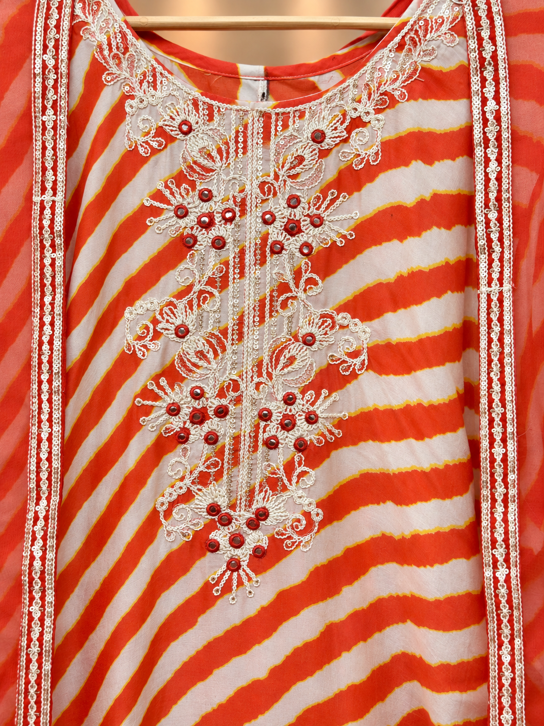 Premium Muslin Suit with Embroidered Neckline & Dupatta | Orange Printed Muslin Suit for Women