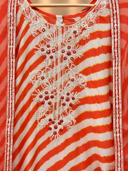 Premium Muslin Suit with Embroidered Neckline & Dupatta | Orange Printed Muslin Suit for Women