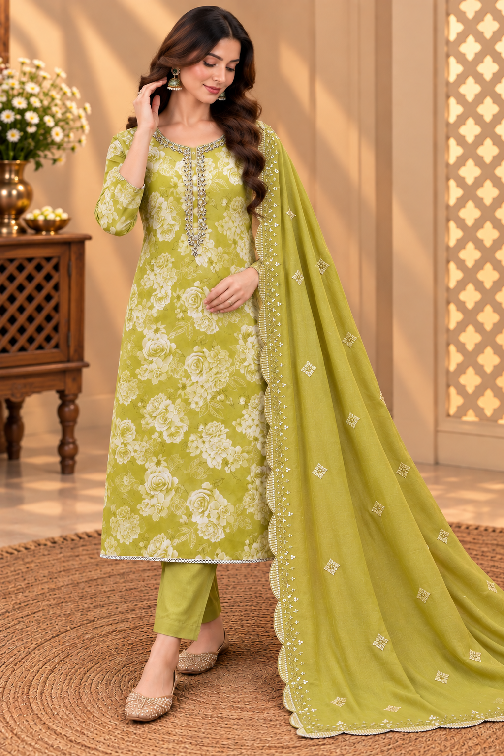 Premium Modal Silk Printed Suit Set with Elegant Embroidery | Olive Green Floral Suit for Women