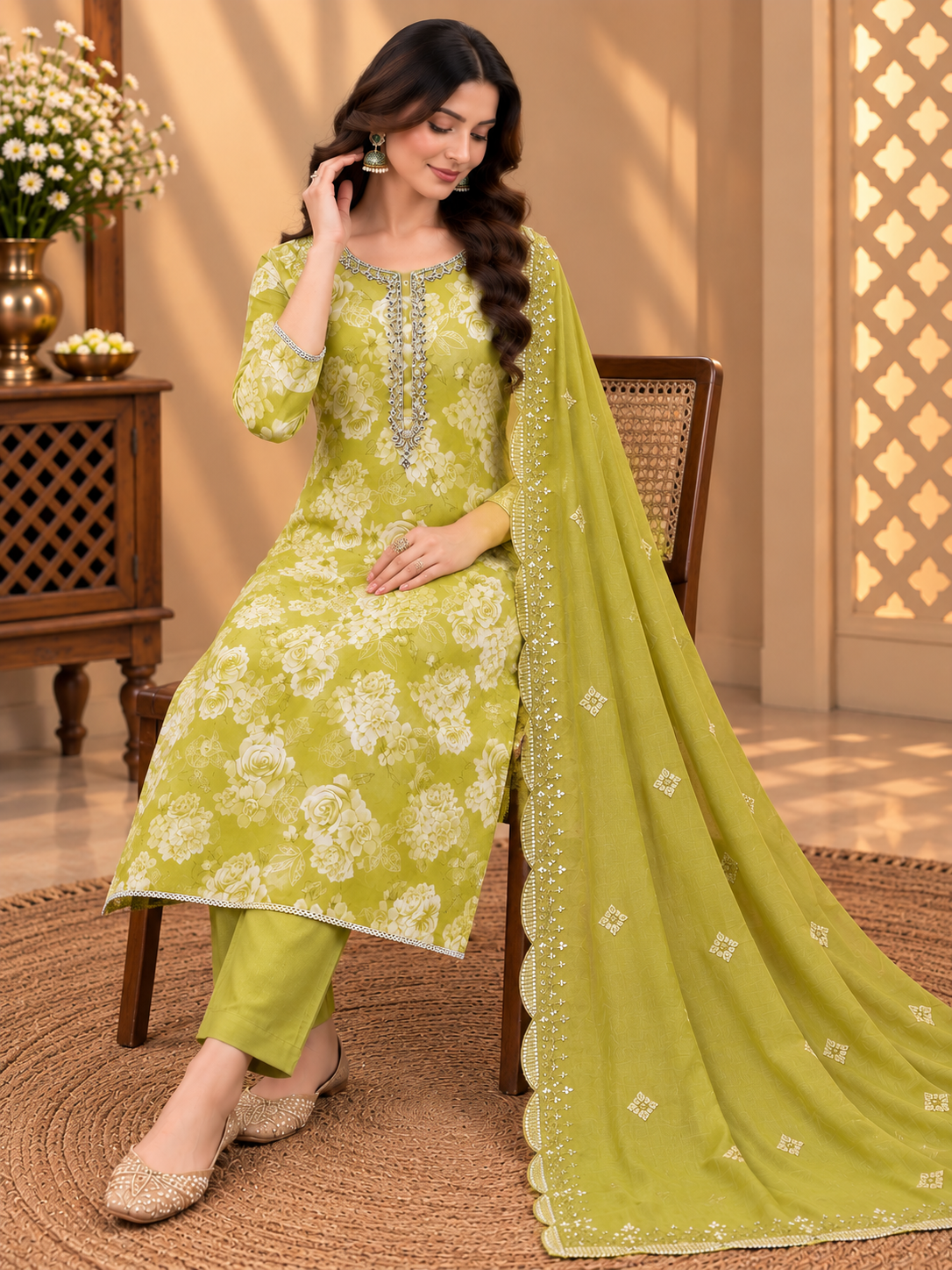 Premium Modal Silk Printed Suit Set with Elegant Embroidery | Olive Green Floral Suit for Women
