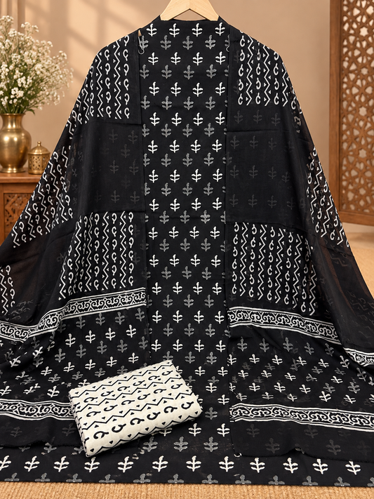 Premium Jaipuri Block Printed Cotton Suit Set | Black & White Hand Block Print Suit for Women