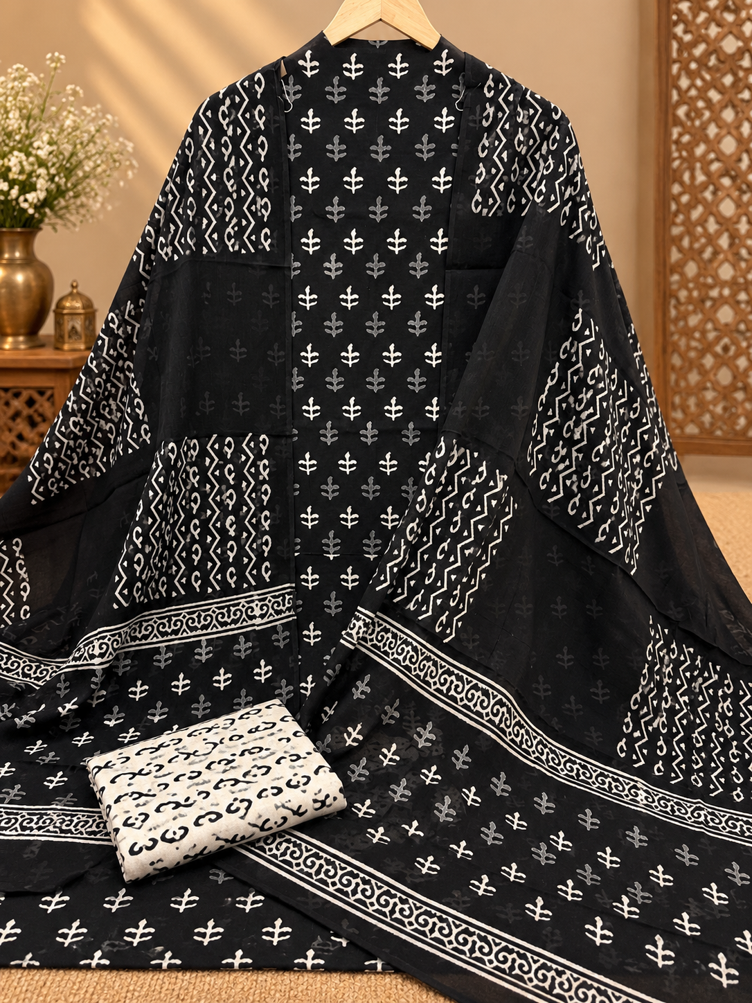 Premium Jaipuri Block Printed Cotton Suit Set | Black & White Hand Block Print Suit for Women