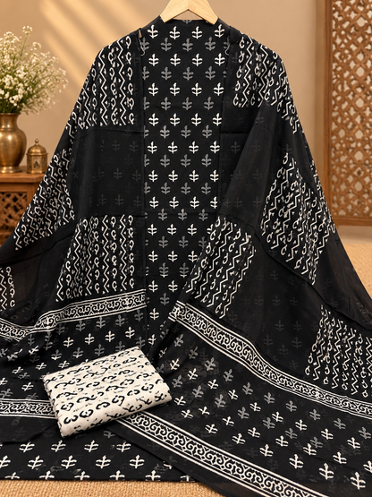 Premium Jaipuri Block Printed Cotton Suit Set | Black & White Hand Block Print Suit for Women
