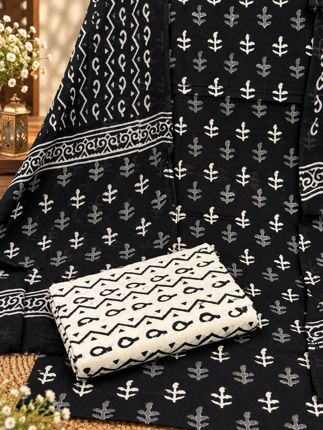 Premium Jaipuri Block Printed Cotton Suit Set | Black & White Hand Block Print Suit for Women