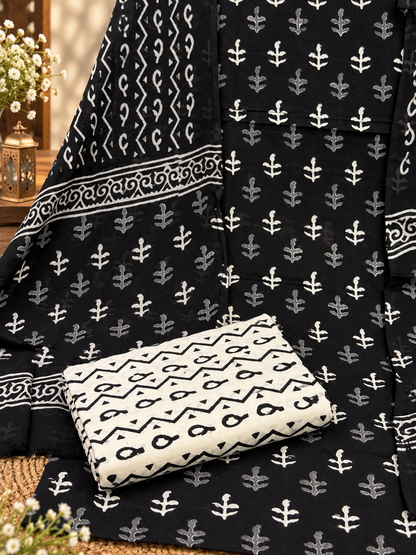 Premium Jaipuri Block Printed Cotton Suit Set | Black & White Hand Block Print Suit for Women