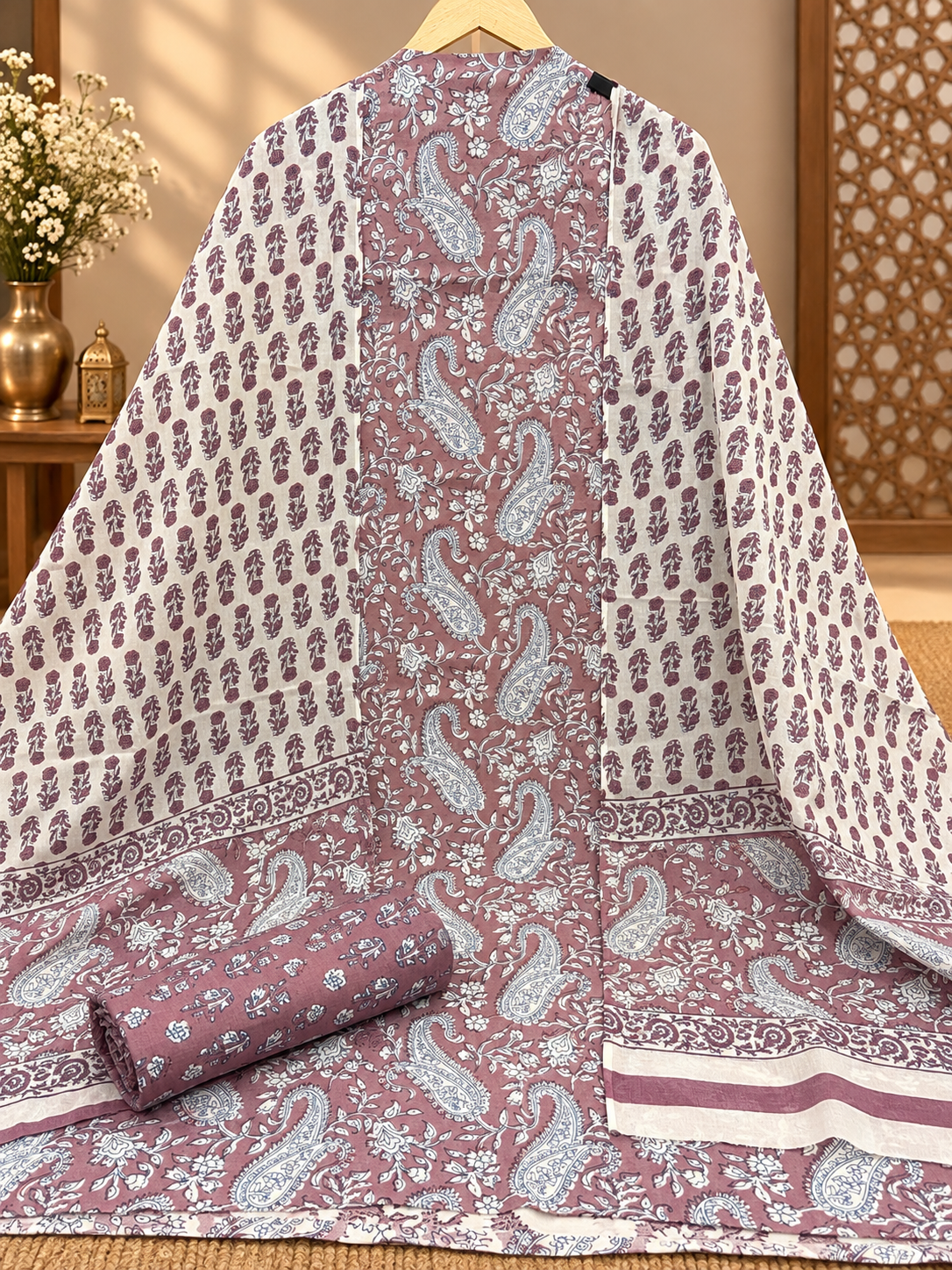 Premium Jaipuri Hand Block Printed Cotton Suit Set | Mauve Paisley & Floral Print Suit for Women