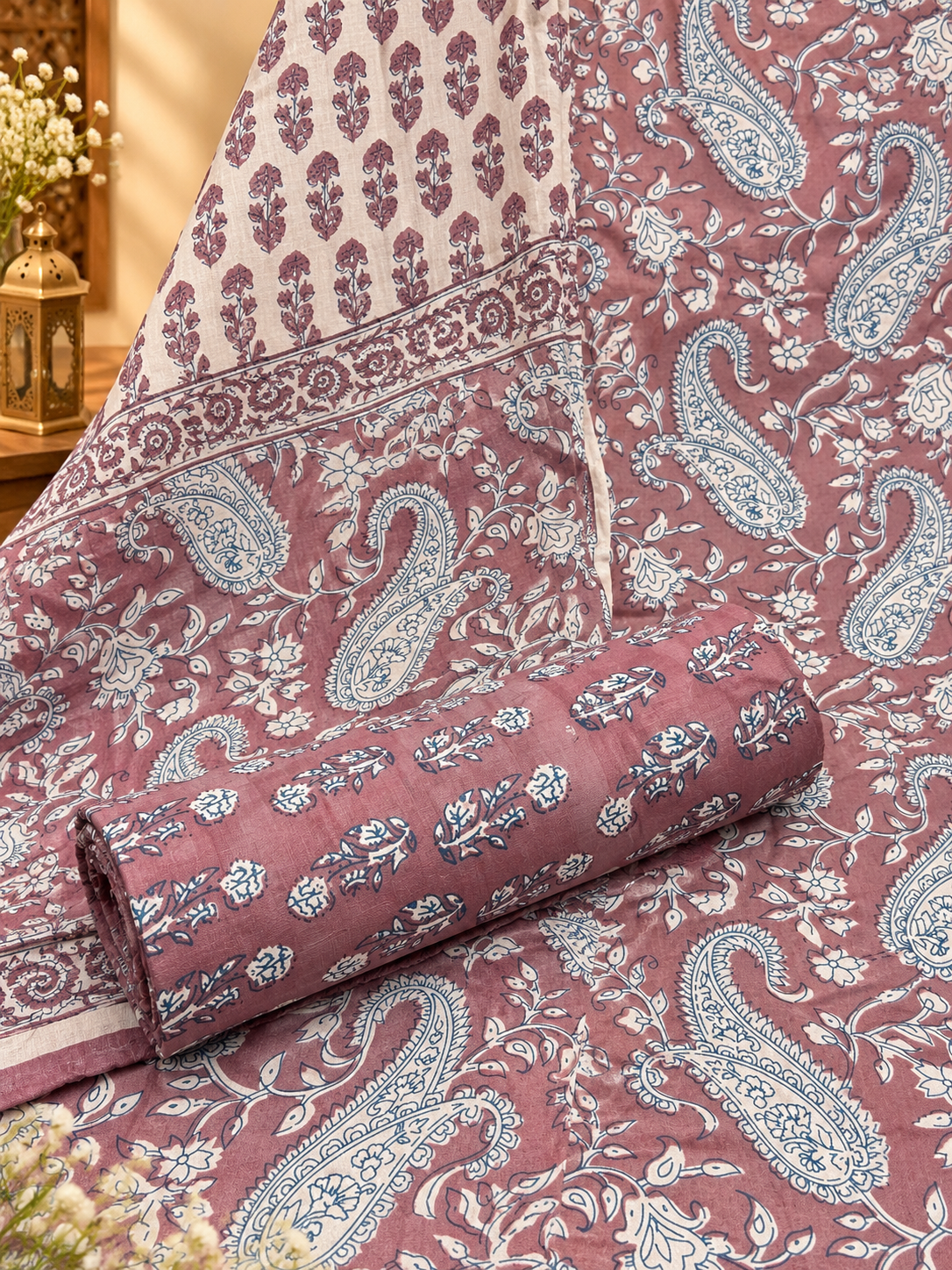 Premium Jaipuri Hand Block Printed Cotton Suit Set | Mauve Paisley & Floral Print Suit for Women