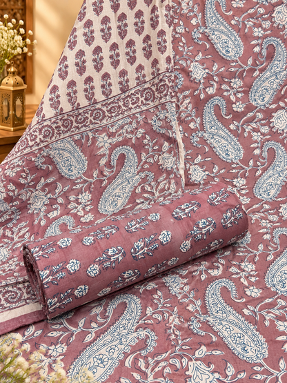 Premium Jaipuri Hand Block Printed Cotton Suit Set | Mauve Paisley & Floral Print Suit for Women