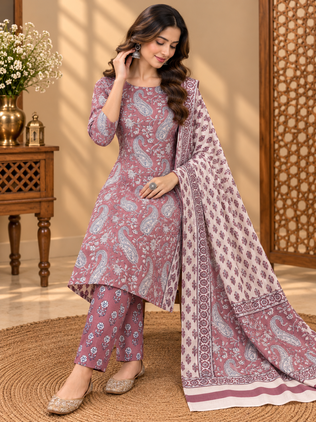 Premium Jaipuri Hand Block Printed Cotton Suit Set | Mauve Paisley & Floral Print Suit for Women