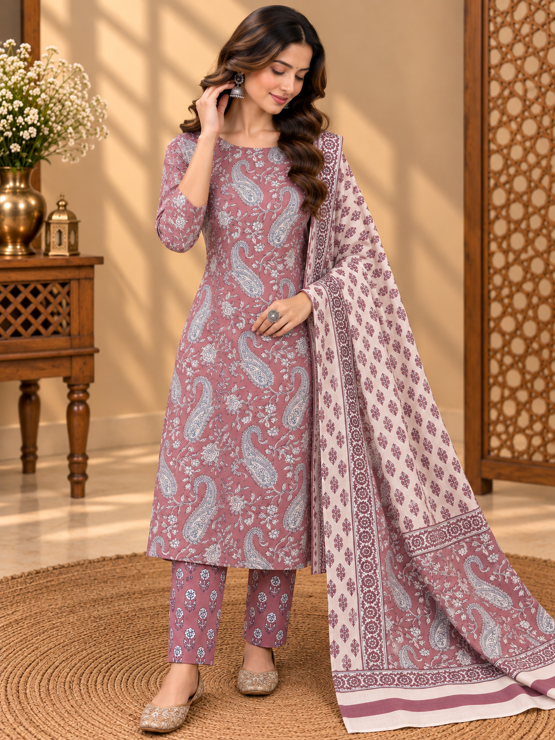 Premium Jaipuri Hand Block Printed Cotton Suit Set | Mauve Paisley & Floral Print Suit for Women