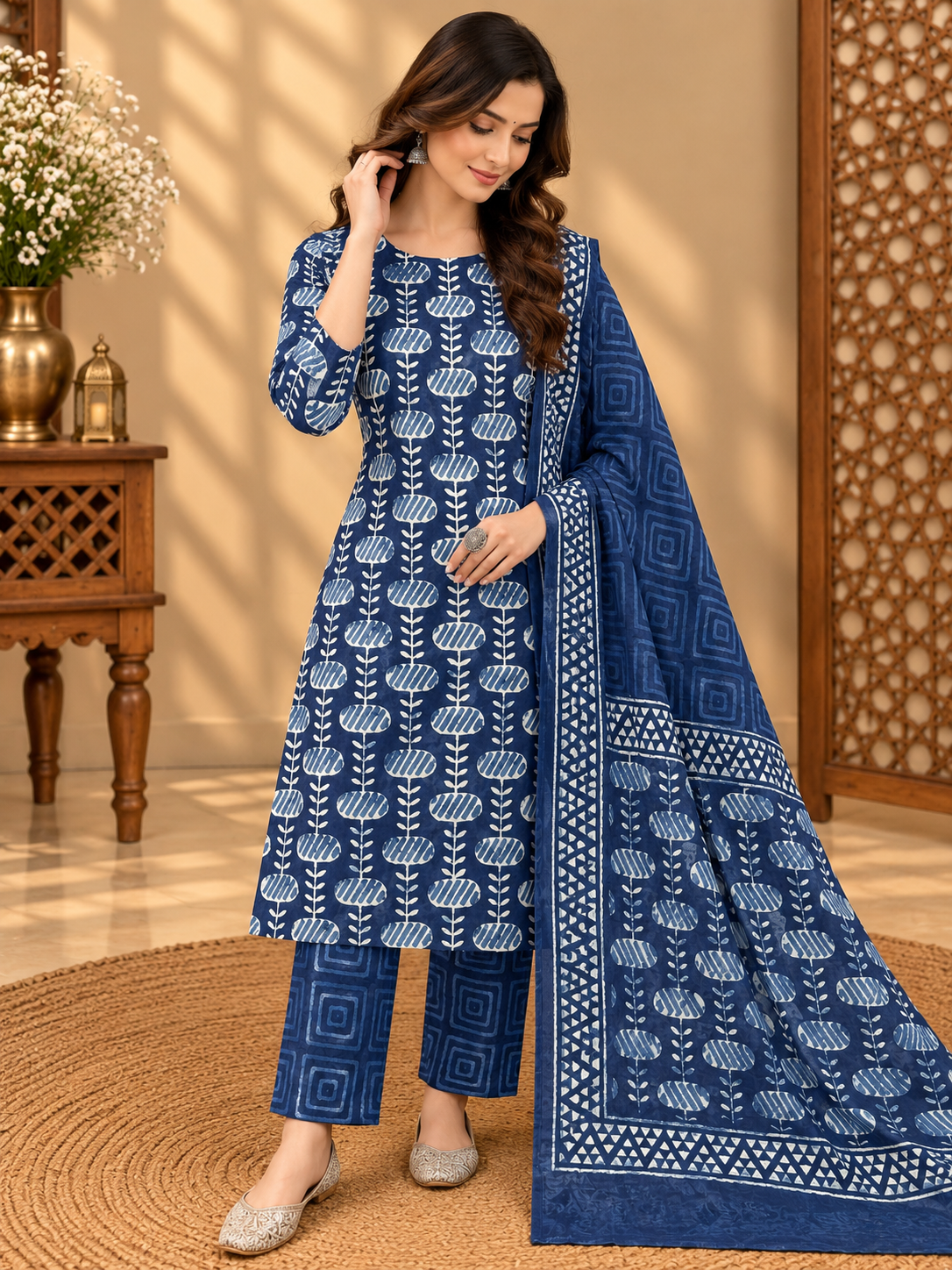 Premium Indigo Hand Block Printed Cotton Suit Set | Traditional Blue & White Floral Print Suit for Women