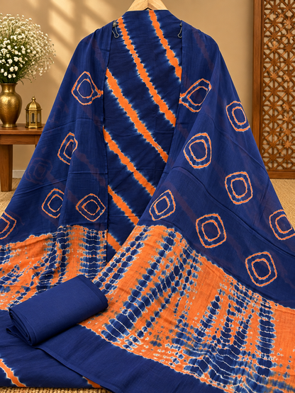 Premium Shibori Print Cotton Suit Set | Blue & Orange Tie-Dye Printed Suit for Women