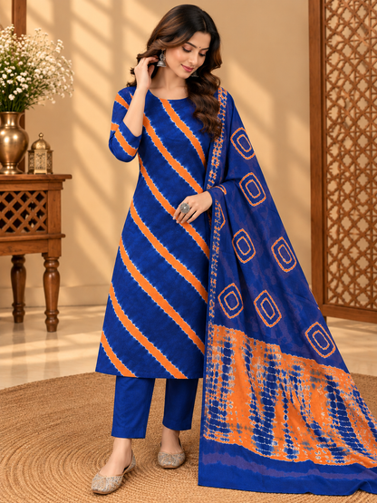 Premium Shibori Print Cotton Suit Set | Blue & Orange Tie-Dye Printed Suit for Women