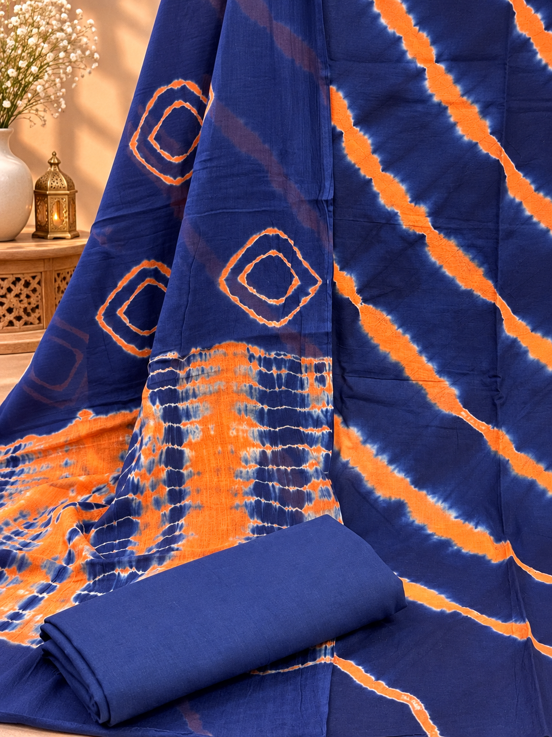 Premium Shibori Print Cotton Suit Set | Blue & Orange Tie-Dye Printed Suit for Women