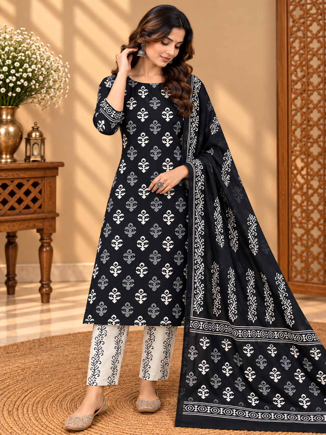 Black & White Jaipuri Hand Block Printed Cotton Suit Set | Traditional Floral Print Dress Material