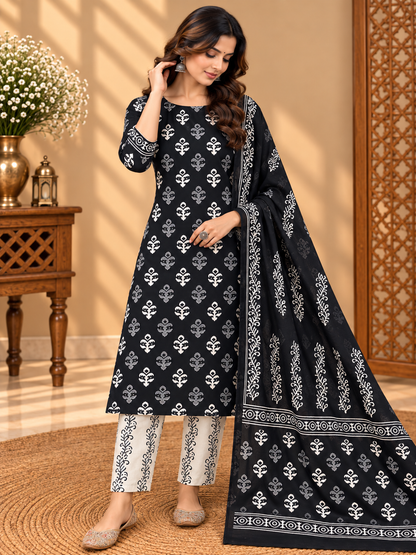 Black & White Jaipuri Hand Block Printed Cotton Suit Set | Traditional Floral Print Dress Material