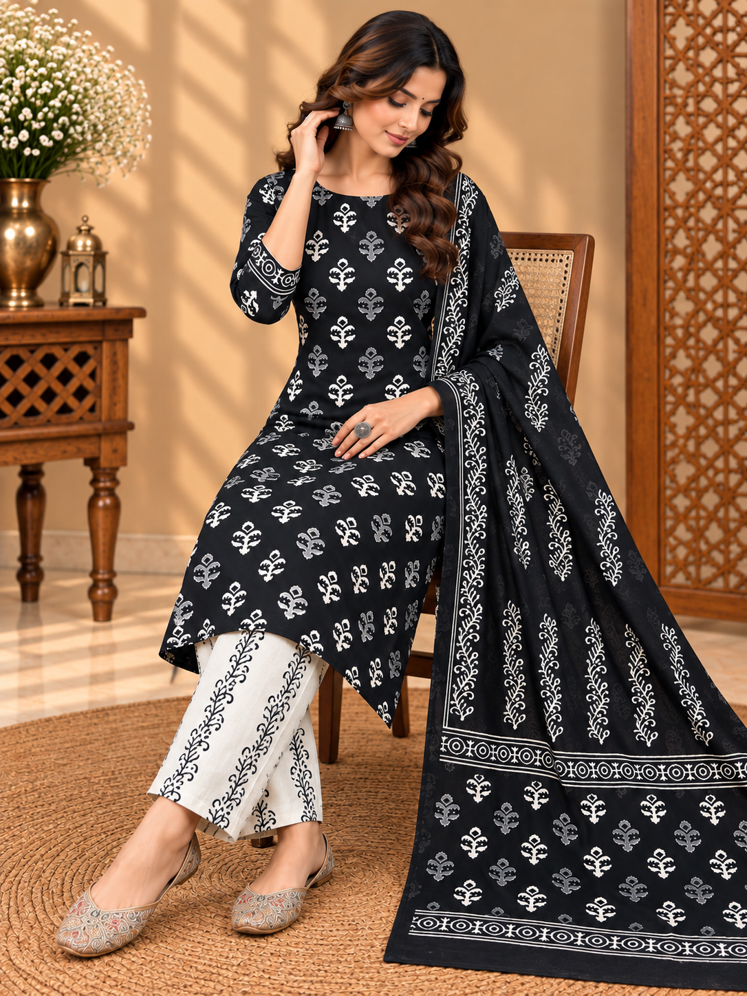 Black & White Jaipuri Hand Block Printed Cotton Suit Set | Traditional Floral Print Dress Material