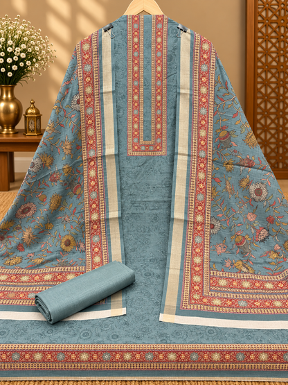 Premium Tussar Silk Printed Suit Set | Elegant Floral & Traditional Border Design