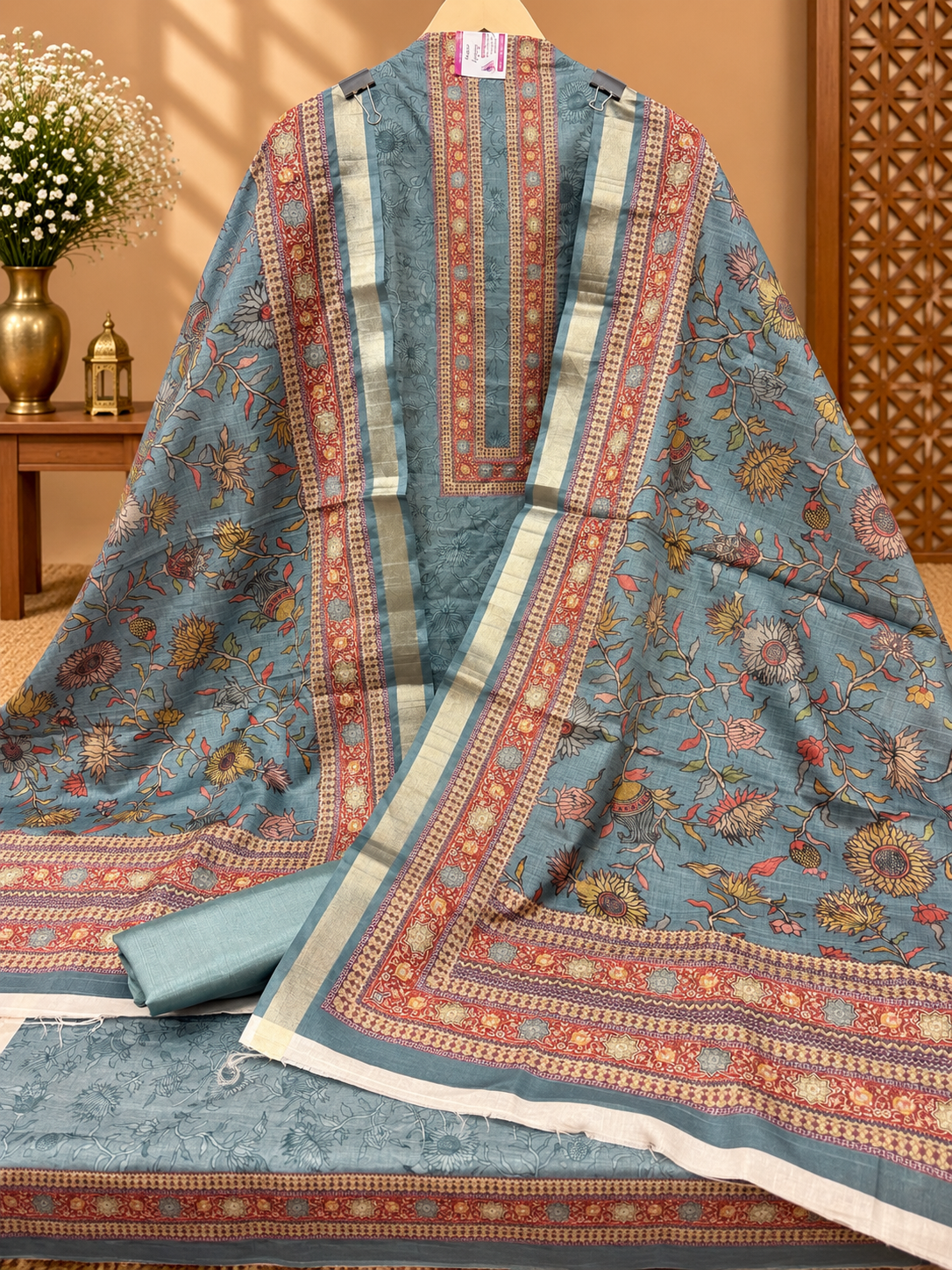 Premium Tussar Silk Printed Suit Set | Elegant Floral & Traditional Border Design