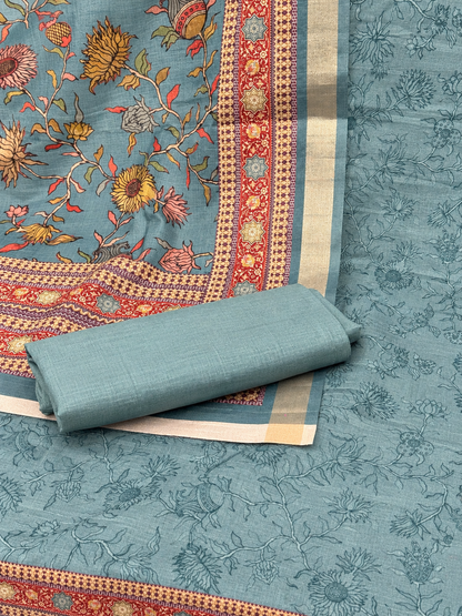 Premium Tussar Silk Printed Suit Set | Elegant Floral & Traditional Border Design