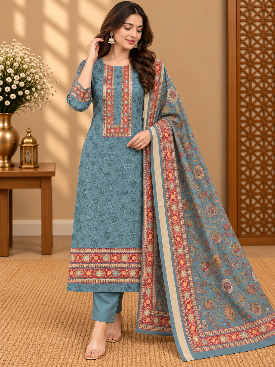 Premium Tussar Silk Printed Suit Set | Elegant Floral & Traditional Border Design