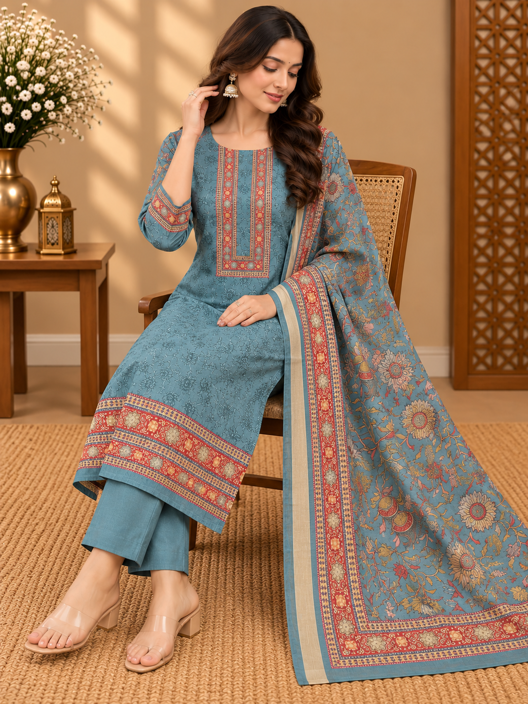 Premium Tussar Silk Printed Suit Set | Elegant Floral & Traditional Border Design