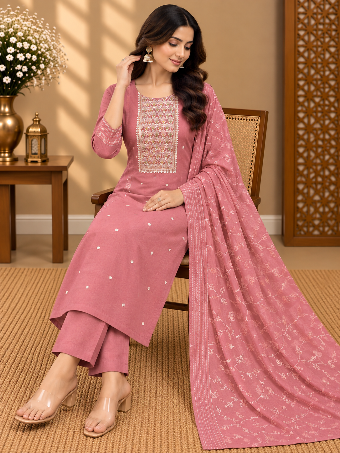 Pink Embroidered Cotton Suit Set with Chikankari-Style Work & Organza Dupatta