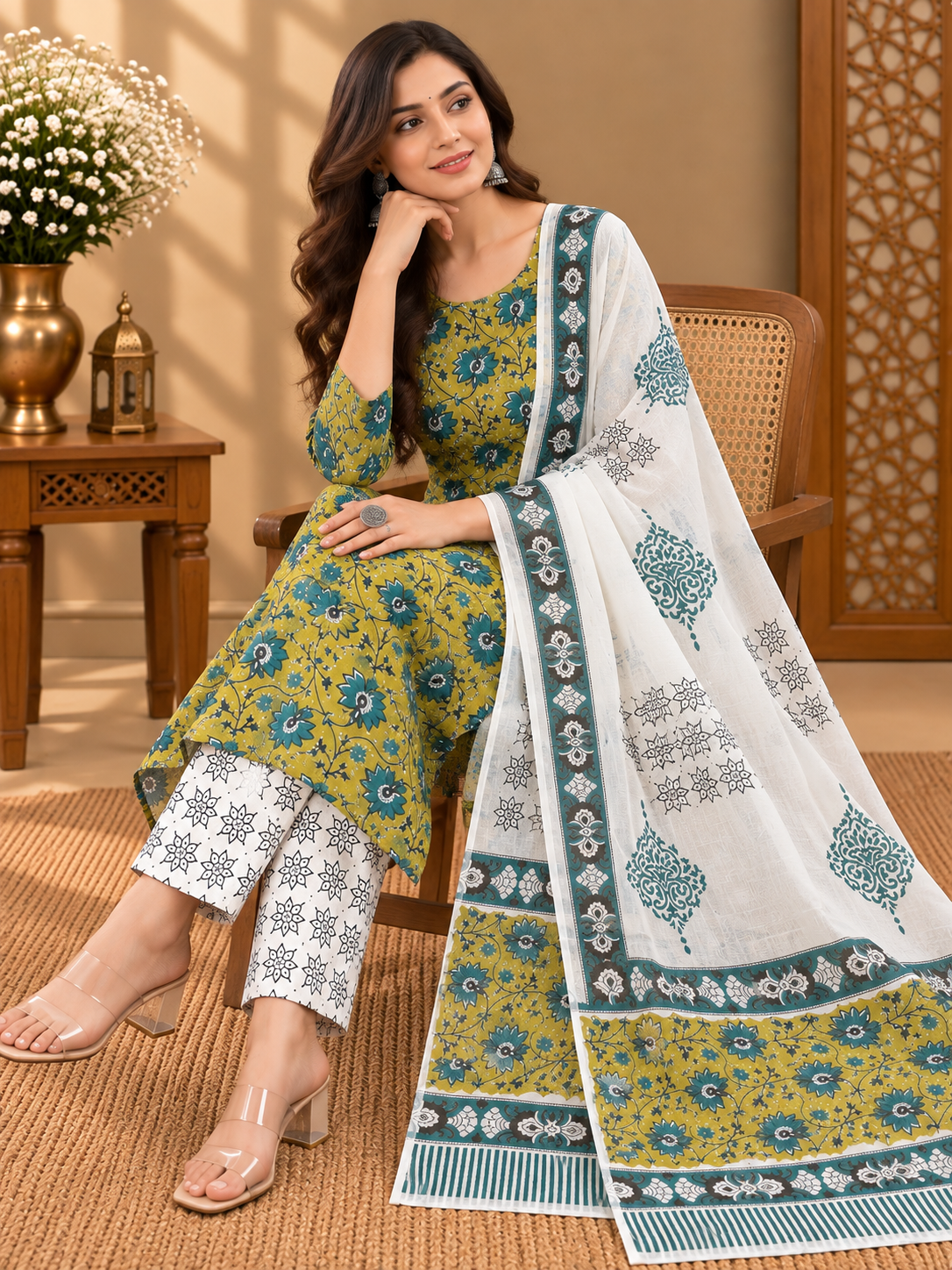 Jaipuri Block Printed Cotton Suit Set | Mustard Floral Print with Printed Dupatta