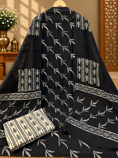 Black & White Block Printed Cotton Suit Set | Traditional Floral & Geometric Print Dress Material