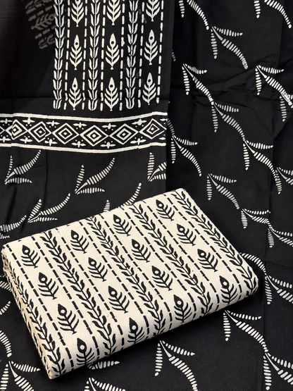 Black & White Block Printed Cotton Suit Set | Traditional Floral & Geometric Print Dress Material