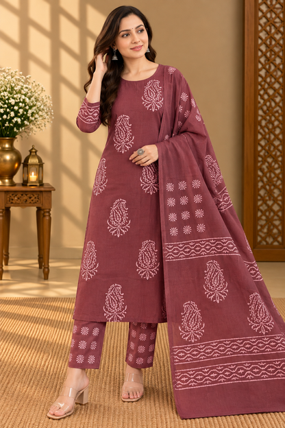 Mauve Brown Jaipuri Hand Block Printed Cotton Suit with Dupatta | Traditional Ethnic Wear