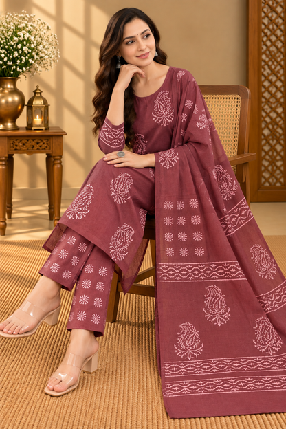 Mauve Brown Jaipuri Hand Block Printed Cotton Suit with Dupatta | Traditional Ethnic Wear