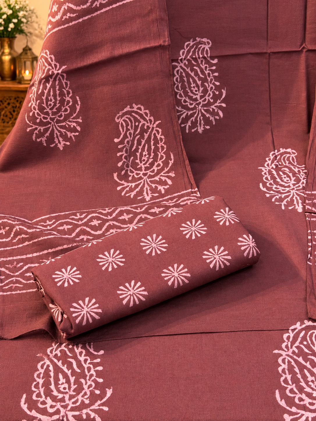 Mauve Brown Jaipuri Hand Block Printed Cotton Suit with Dupatta | Traditional Ethnic Wear