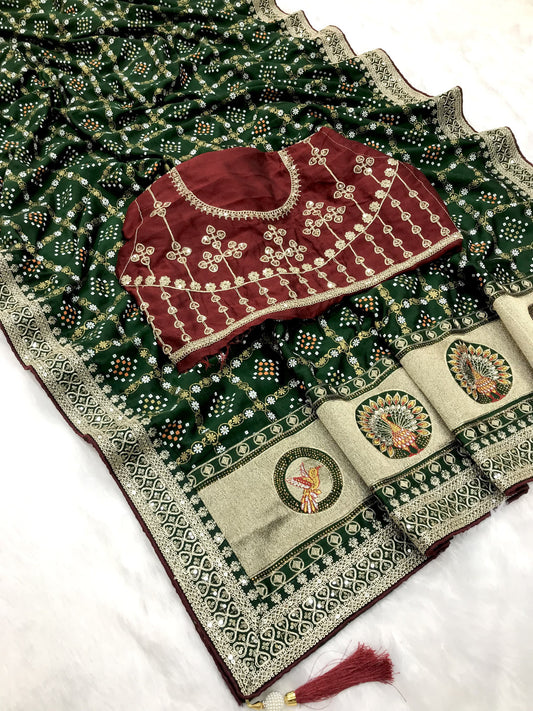Green traditional blooming vichitra khadi bandhej silk saree with sequence work